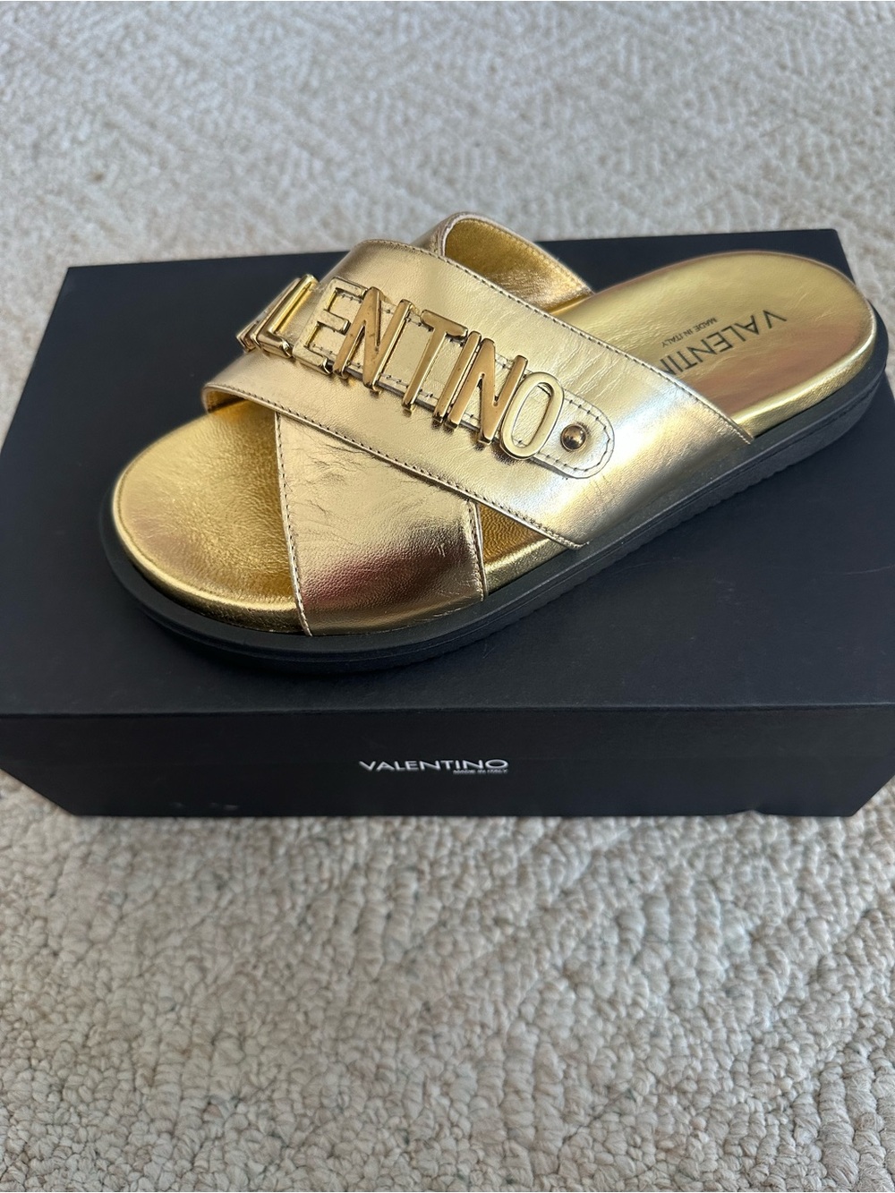 Valentino Kids Metallic Gold Logo Cross-Strap Slide Sandals